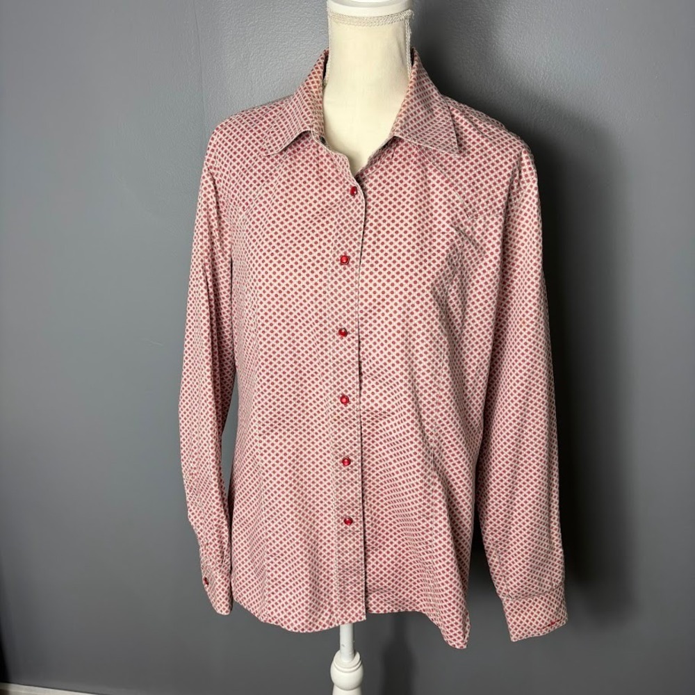 Rockies Womens XL Red White Polka Dot Western Snap Button Up Shirt Long Sleeve